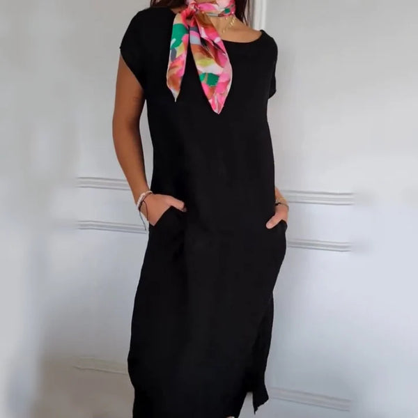 Women's Round Neck Short Sleeve Cotton Linen Dress | Summer Essential