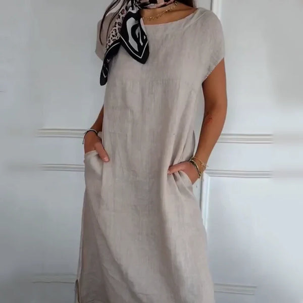 Women's Round Neck Short Sleeve Cotton Linen Dress | Summer Essential