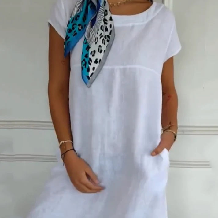 Women's Round Neck Short Sleeve Cotton Linen Dress | Summer Essential