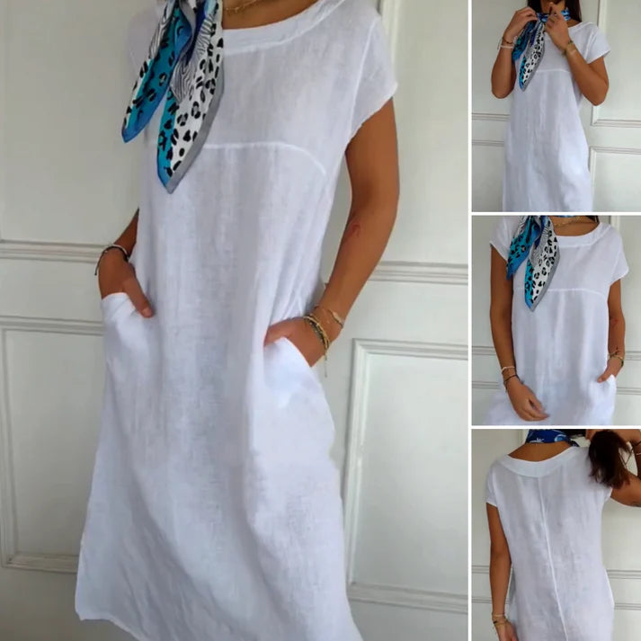 Women's Round Neck Short Sleeve Cotton Linen Dress | Summer Essential