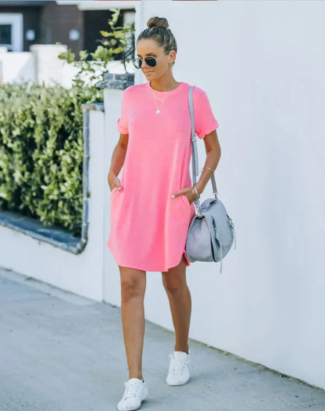 WOMEN'S CASUAL SHORT SLEEVE T-SHIRT DRESS WITH POCKETS